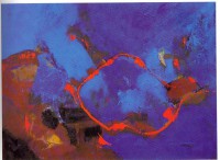 0. ABSTRACTO EN CONTRASTES DE AZULES, OCRES, AMARILLO Y ROJO.